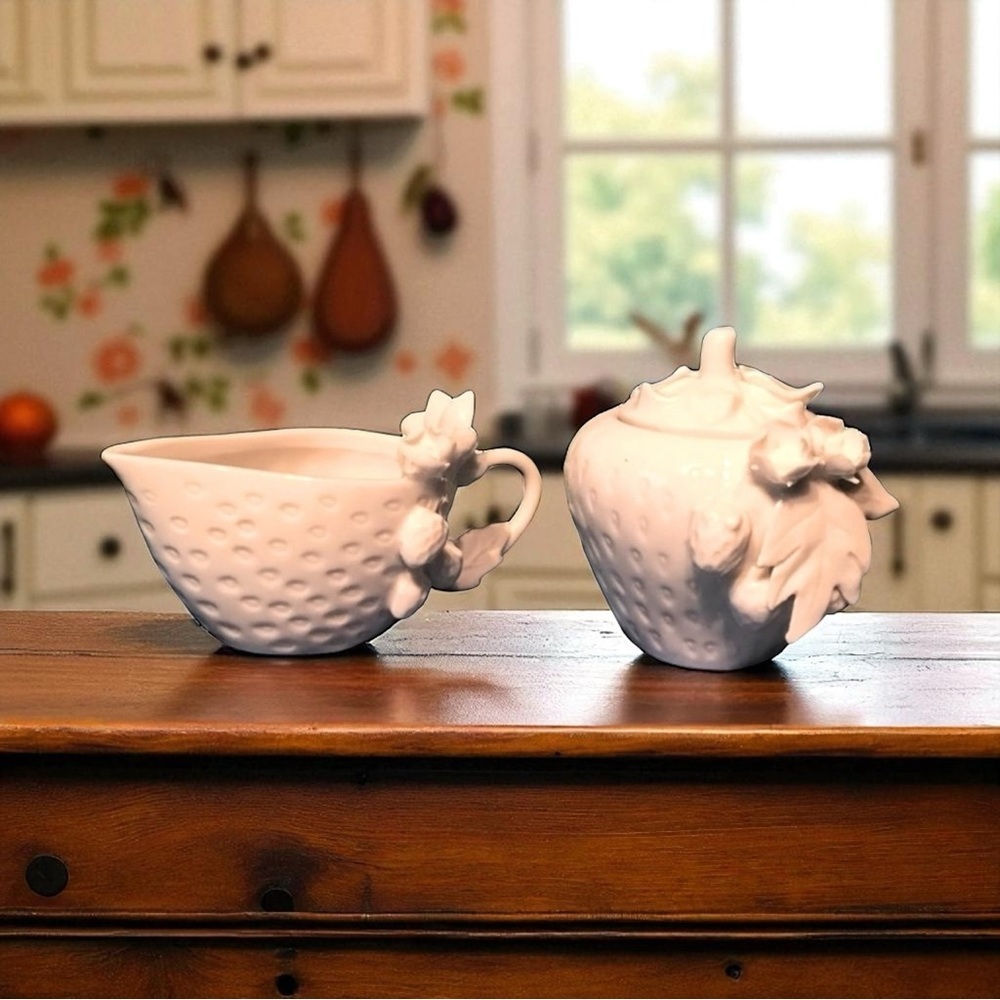 Vintage Graces Teaware White Bisque Porcelain Cottagecore Strawberry Cream Sugar